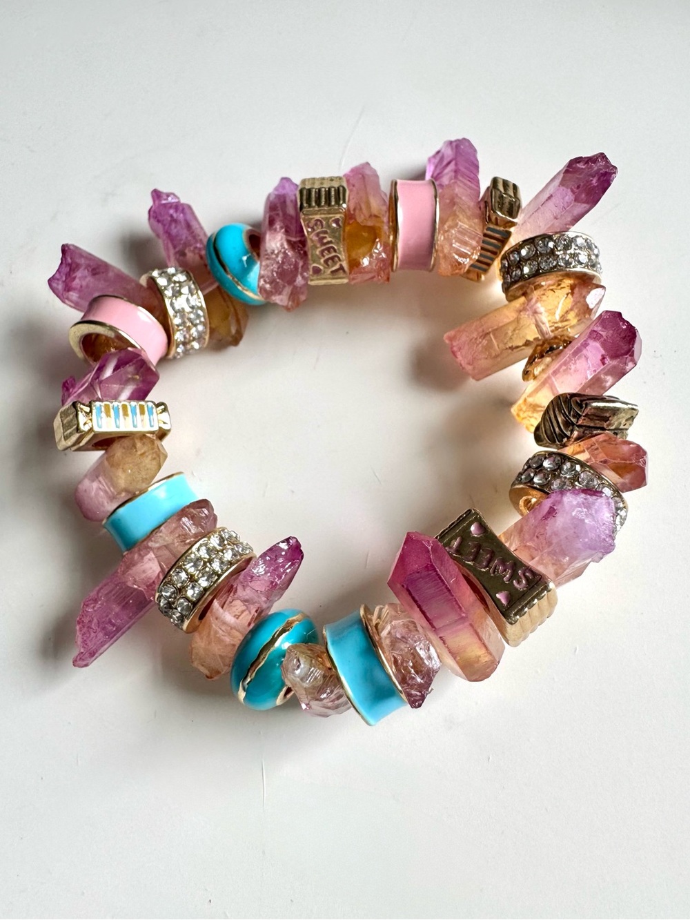 Ombre Pink & Orange Quartz Stretch Bracelet with Gold Beads